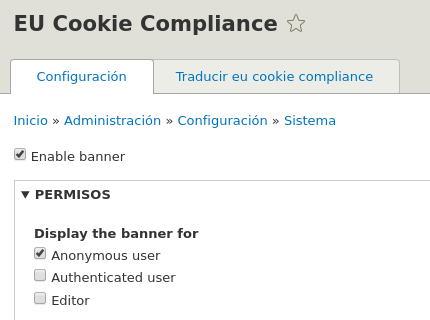 Enable and permissions Eu Cookie Compliance.