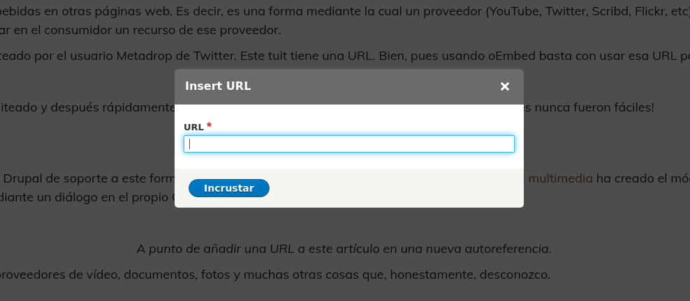 Diálogo de inserción de URL del módulo URL Embed.