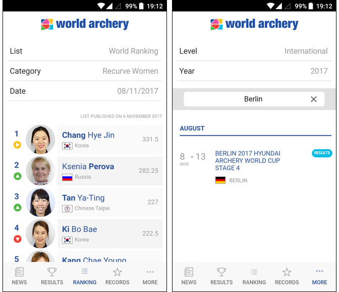 Capturas pantalla de la aplicación de WorldArchery