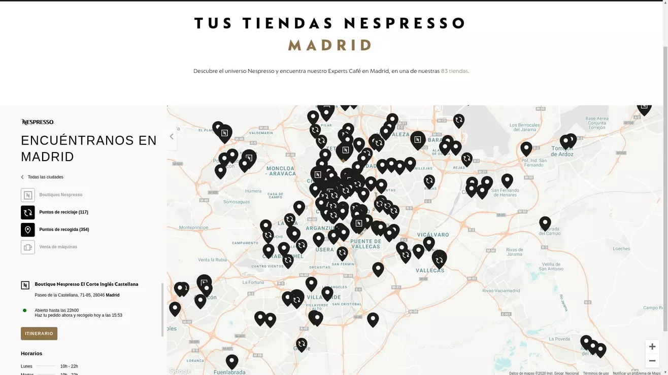 Landing de Madrid con los puntos Nespresso en el mapa.