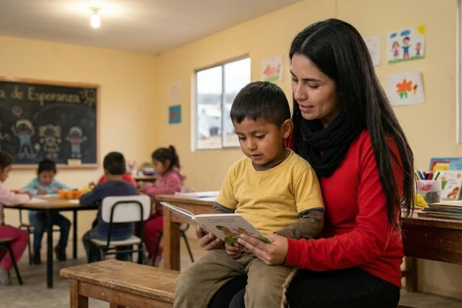 A Save the Children member holds a smiling child in arms