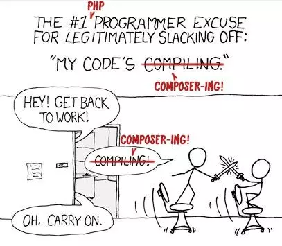 Two guys are playing with swords in the office, when someone tells them to back to work they say as excuse that they are waiting for Composer. The complaining voice now says: "Oh, Carry on"