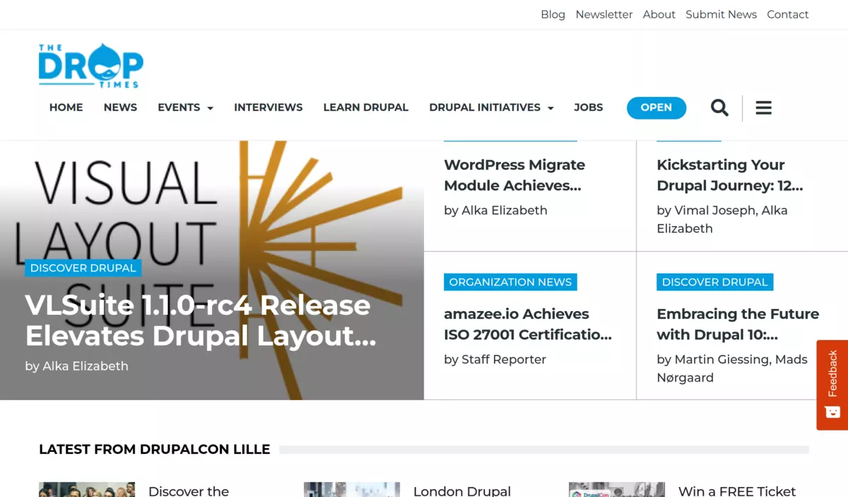 Home page of the The Drop Times featuring an article about Visual Layout Suite 1.1.0-rc4 release