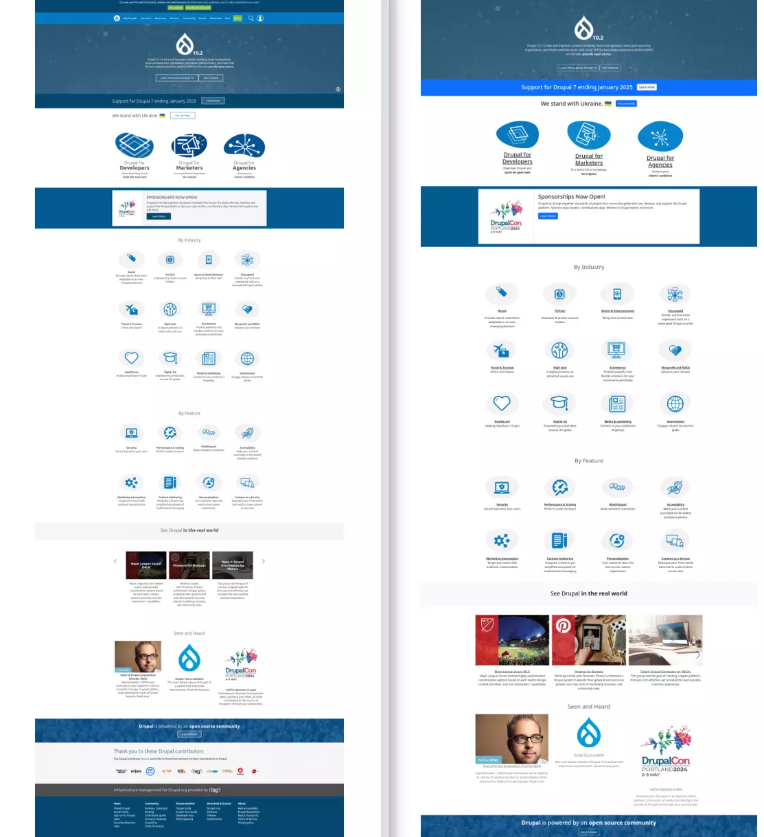 Comparsion of Drupal.org home page and the home page created using the VLSuite module