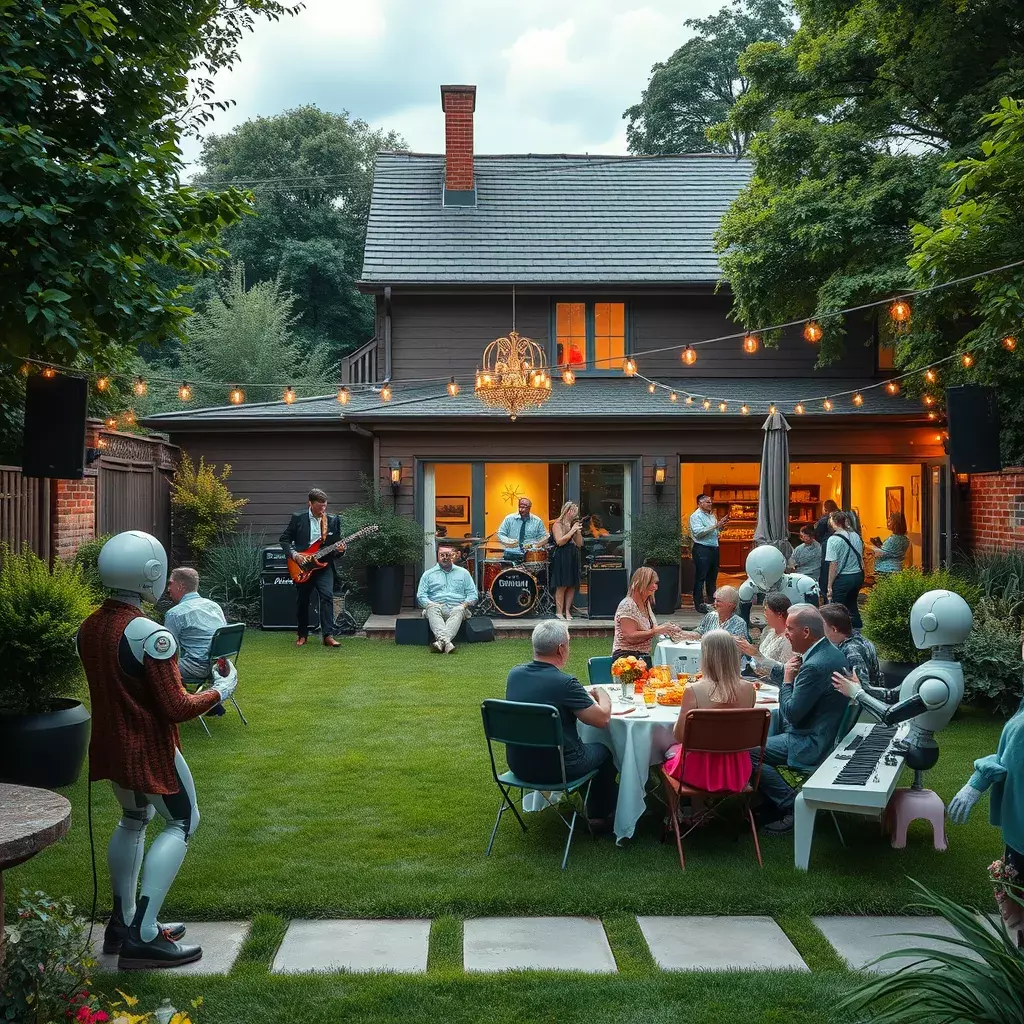 A birthday party in a garden with robots helping guests