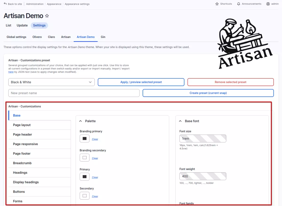 Artisan's settings form screenshot