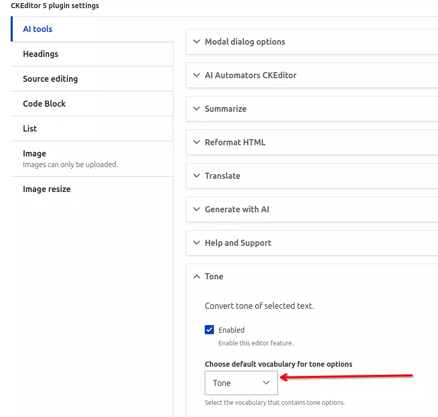 Form settings of the tone functionality selecting a vocabulary fort he available tones.