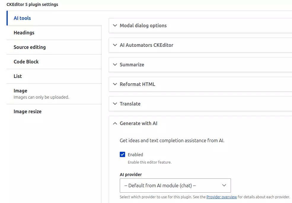 Example of Drupal text format configuration settings with the option to enable AI text generation