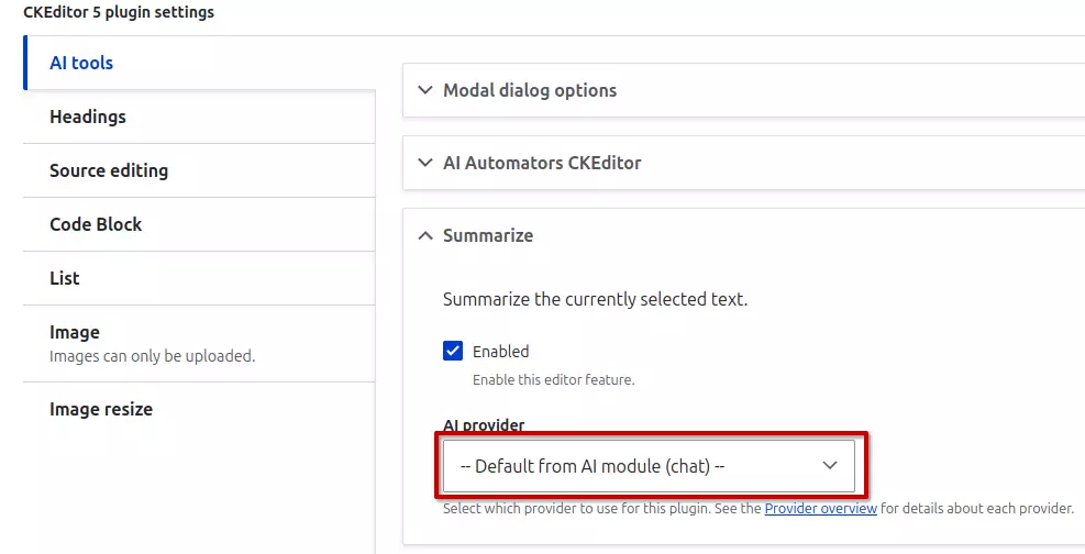 Setting form screnshot of the elements to select the LLM model to use in the Summarize functionality