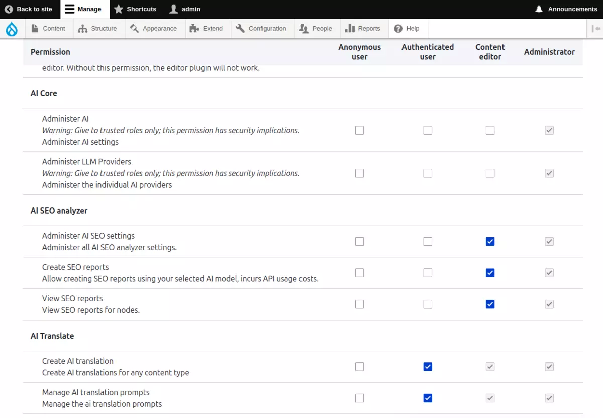 A section of the Drupal permissions form with permissions defined by the Drupal AI module