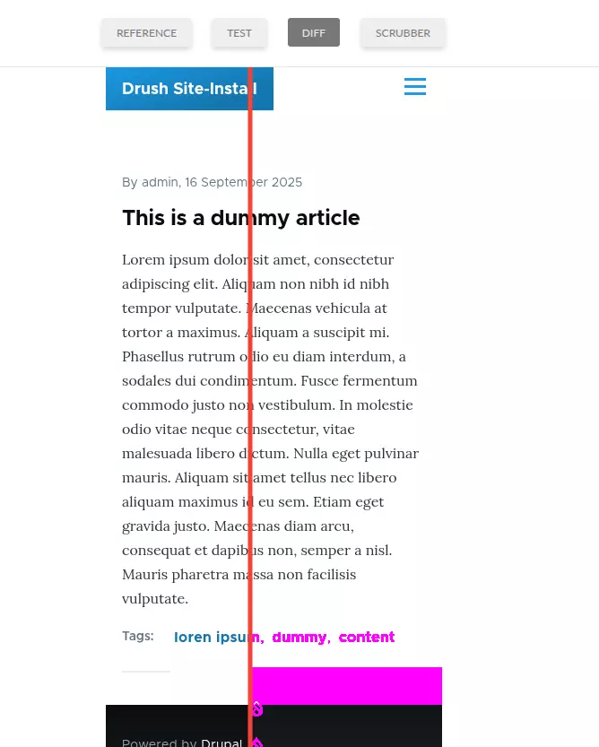 A BackstopJS report screenshot displaying an error because article tags disspeared.