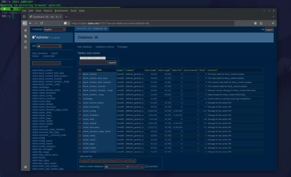 An screenshot of the command `ddev adminer` with the resulting browser window running Adminer