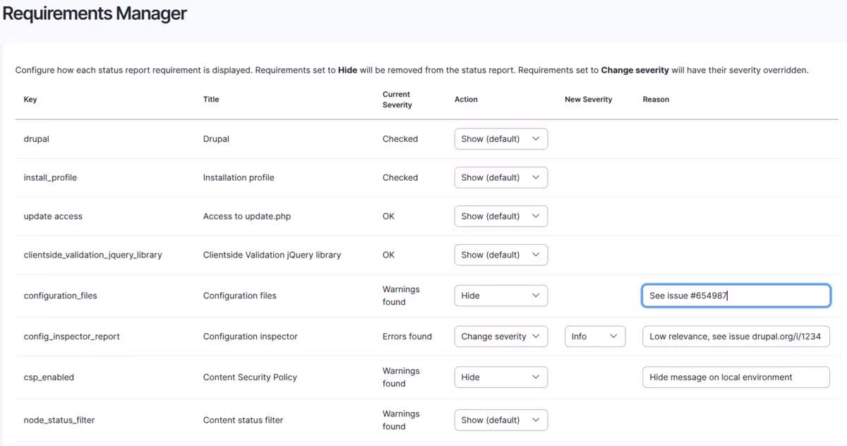 Requirements Manager dashboard with a list of configurable security settings.