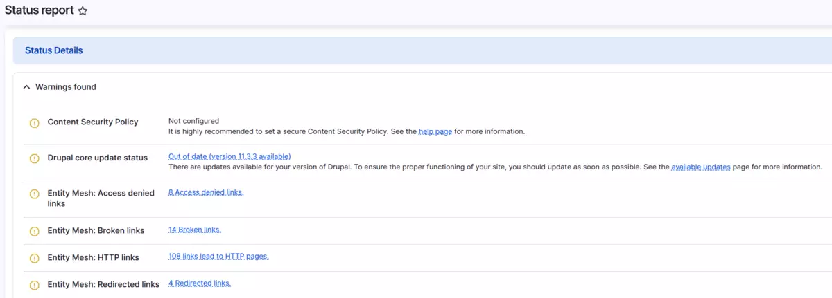 Status report Drupal page with warnings
