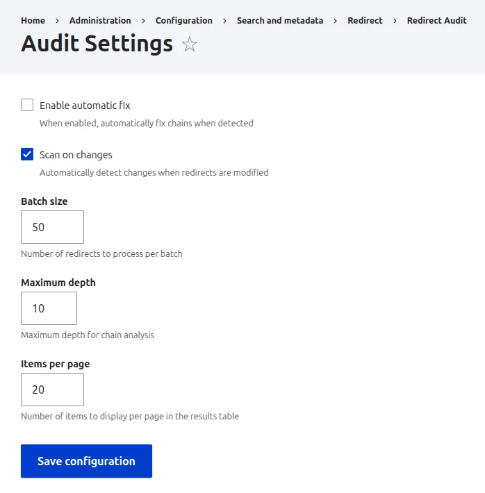 Audit settings configuration page with options for batch size, maximum depth, and items per page.