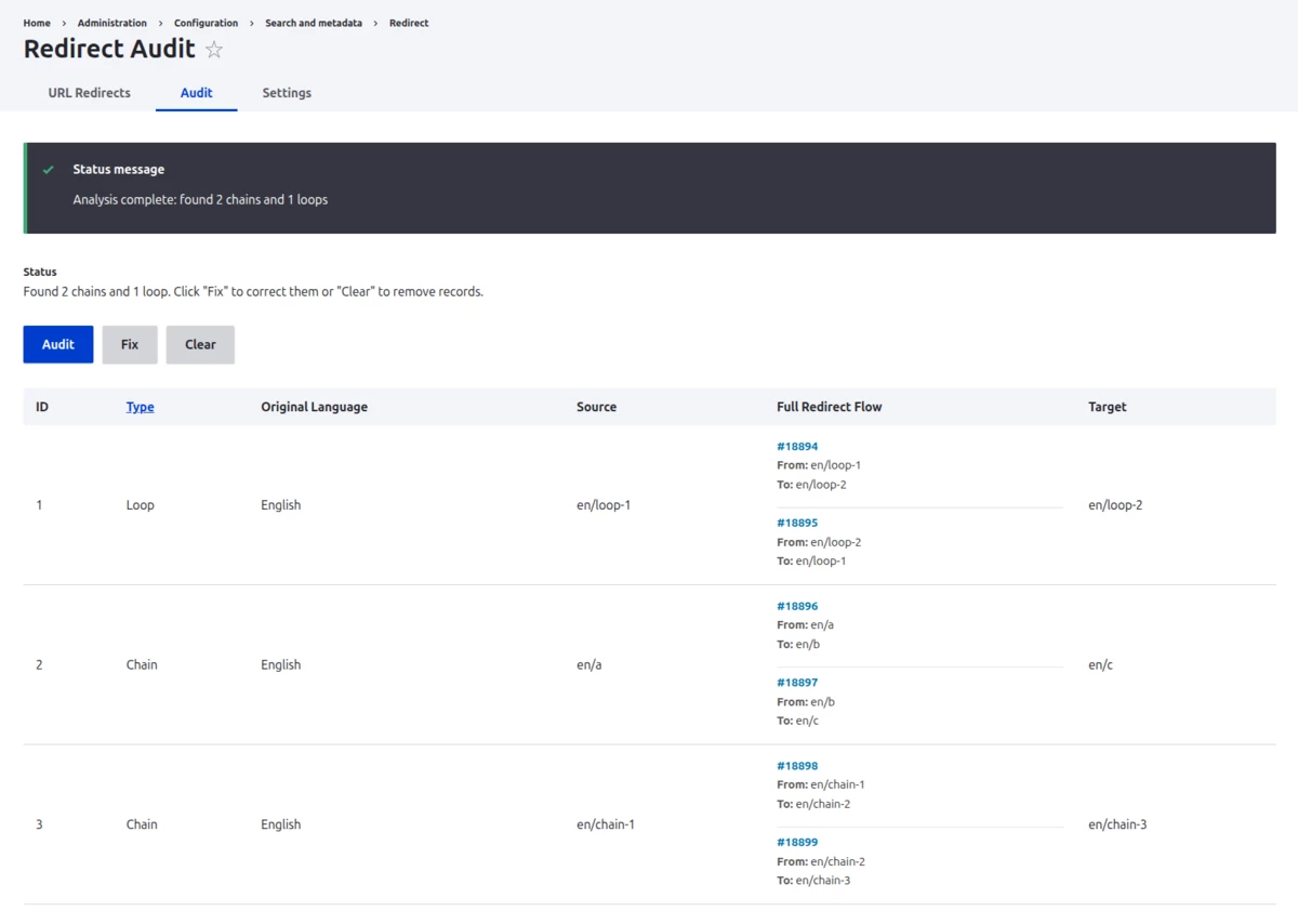 Redirect audit dashboard showing a table of URLs, status codes, and redirection details.