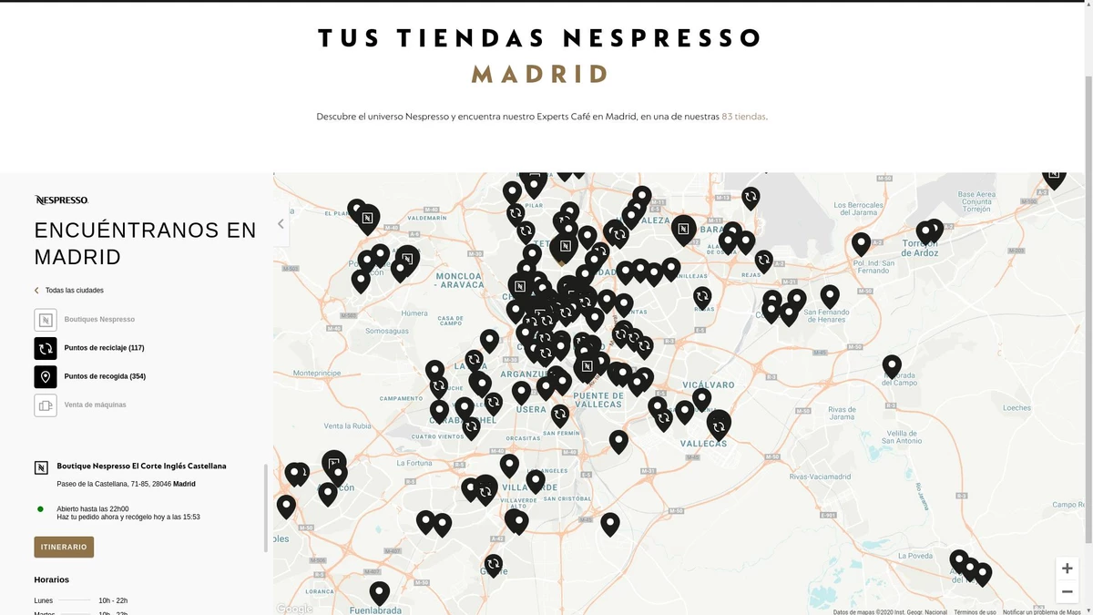 Madrid city map with the geolocated spots displayed