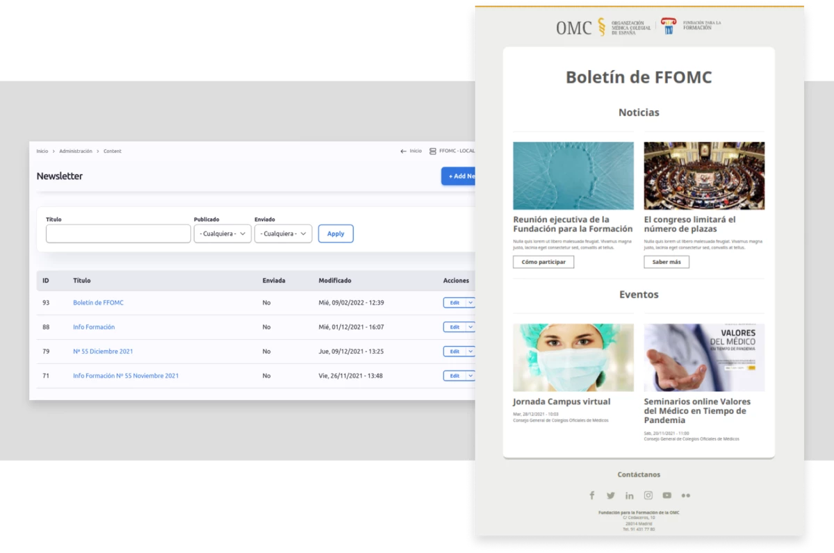 Newsletter management dashboard next to a newsletter preview