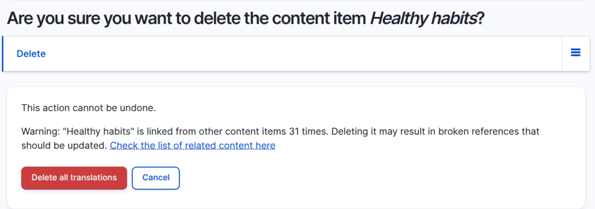 Entity Mesh warning on a node delete form, showing how many pages link to the content about to be removed