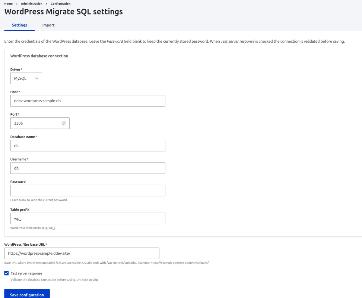 Configuration form for WordPress Migrate SQL