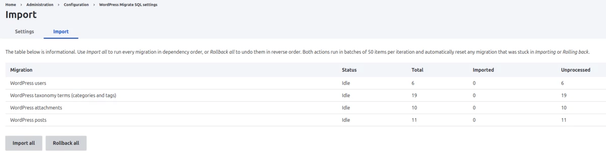 Import status page for WordPress Migrate SQL