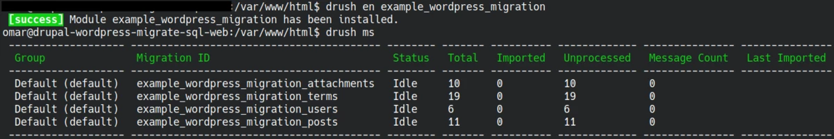 Migration status of the wordpress migration generated by drush 