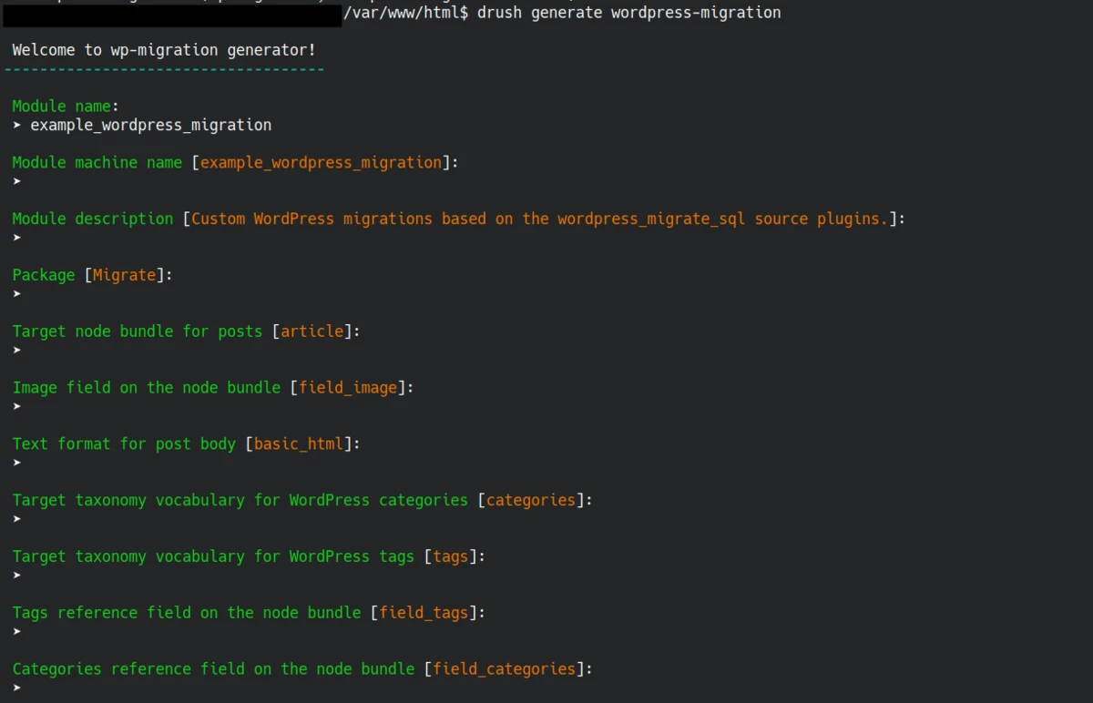 Drush generate wordpress-migration command output