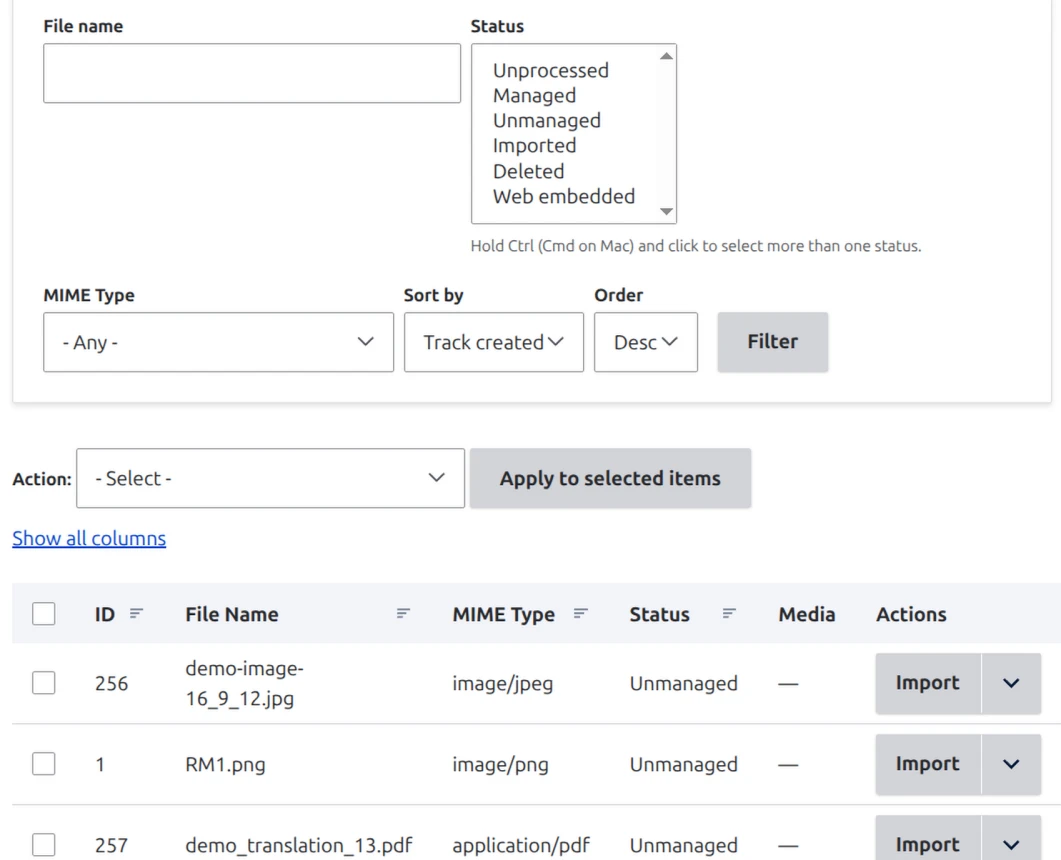 A view offered by the File Inspector module with name, status and MIME type filters, and action to perform.