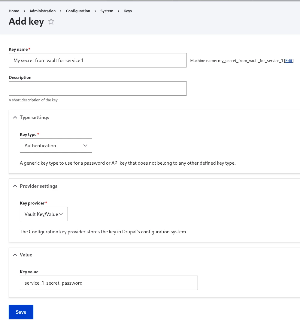 Drupal Add key form with the Vault Key/Value key provider selected, pointing at a specific secret stored in the Vault