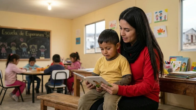 Un miembro de Save the Children sostiene en brazos a un niño sonriente